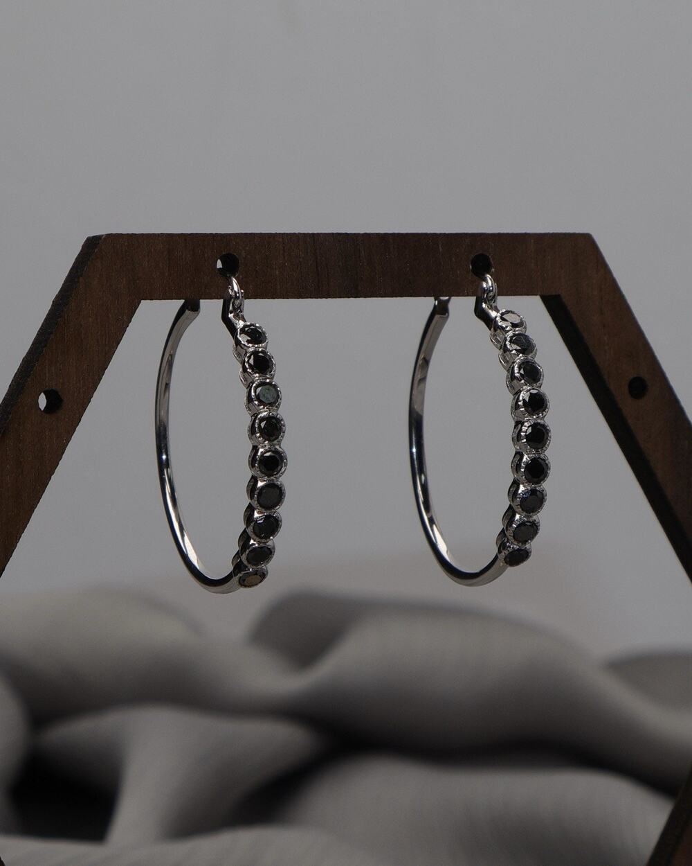 14k White Gold Black Diamond Hoop Earrings 4.52G / 1.1in